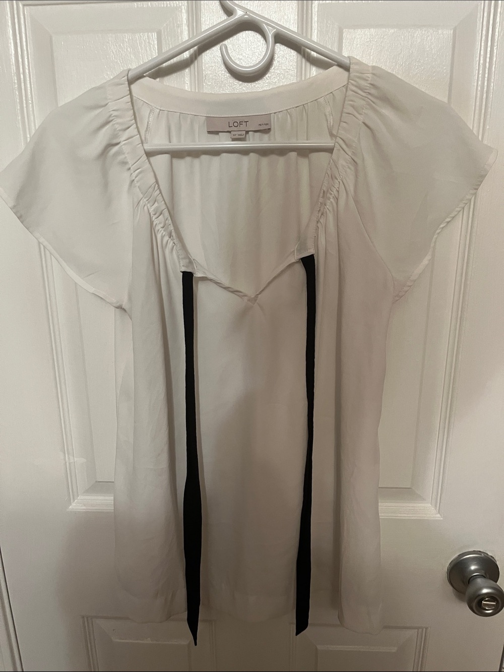 LOFT White Flutter Sleeve Tie-Front Top with Black Ties